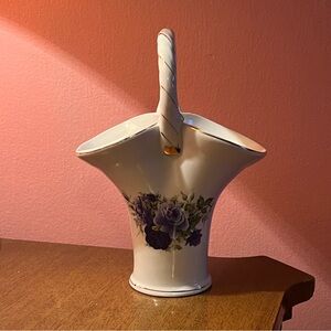 Formalities By Baum Bros Porcelain Handle Basket Vase Roses w/Gold Trim Vintage